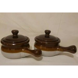 Vintage 2 Tone Brown & Beige Small  Stoneware Pot w/ Lid & Handle Set of 2